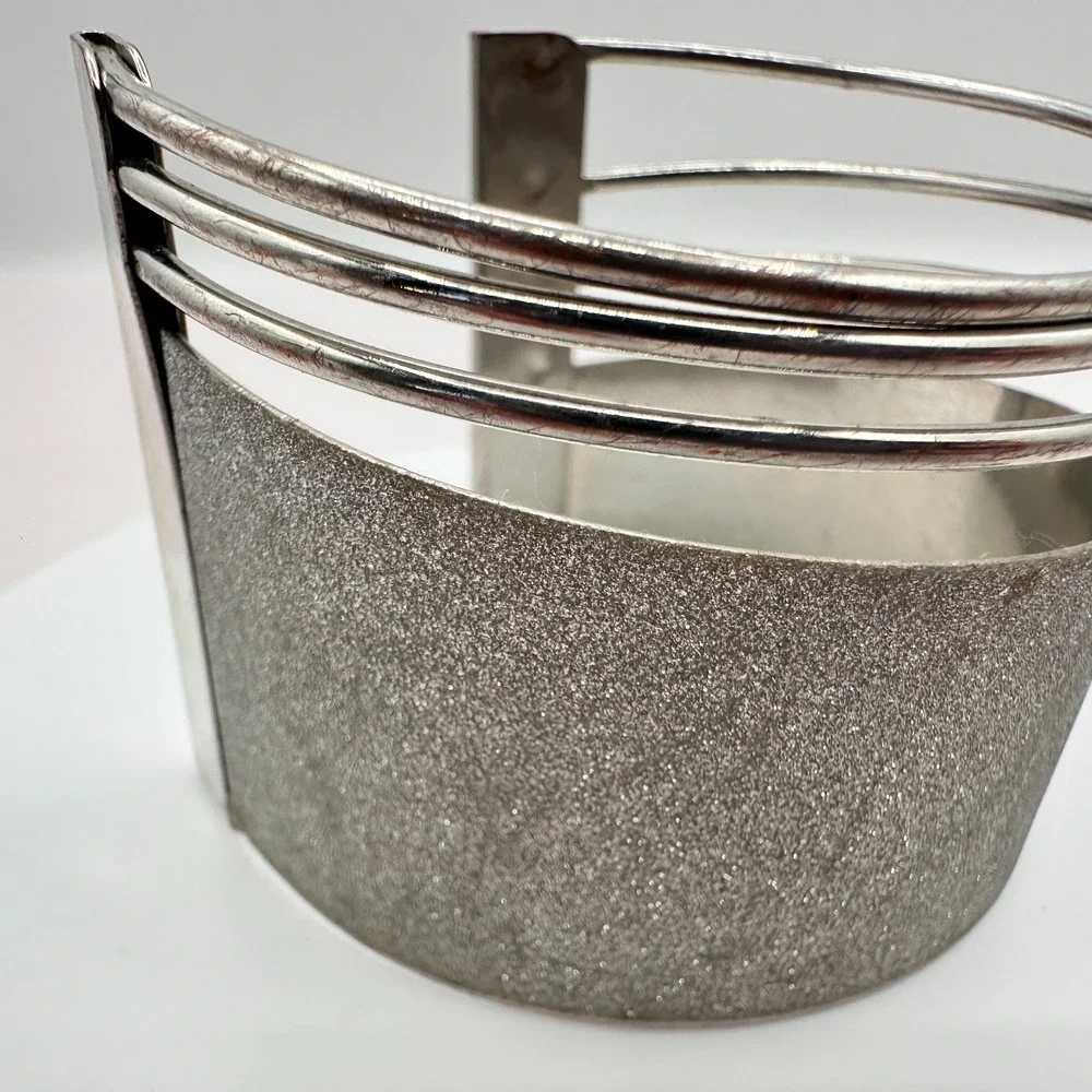Vintage 90s Silver Tone Textured Glitter Wide Cuff Bracelet Statement